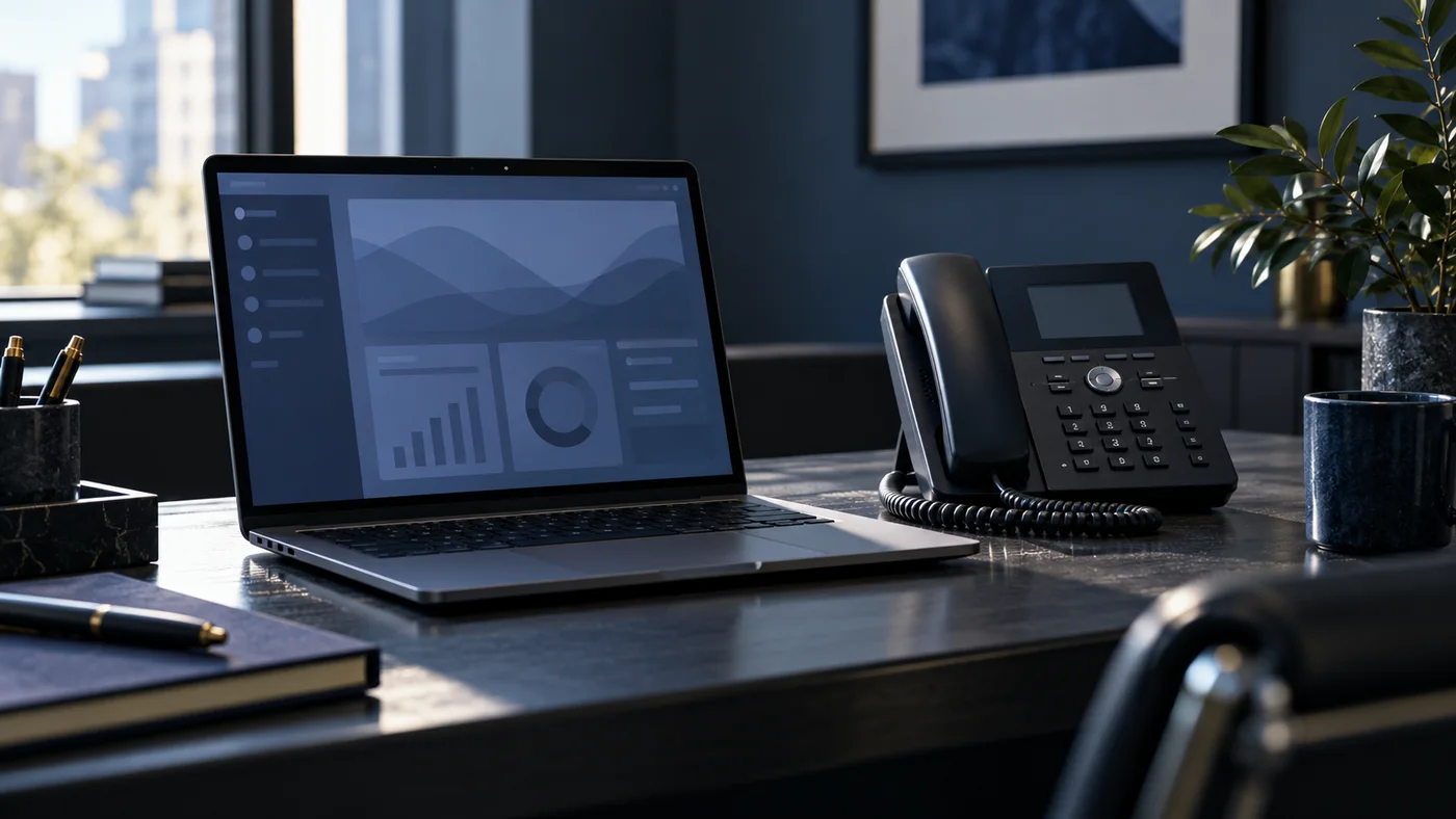 Illustrative photo of a business desk phone and laptop