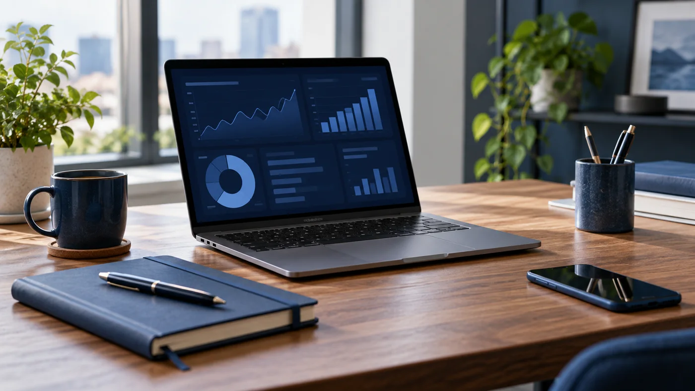 Illustrative photo of a laptop, notebook, and phone at a small business desk